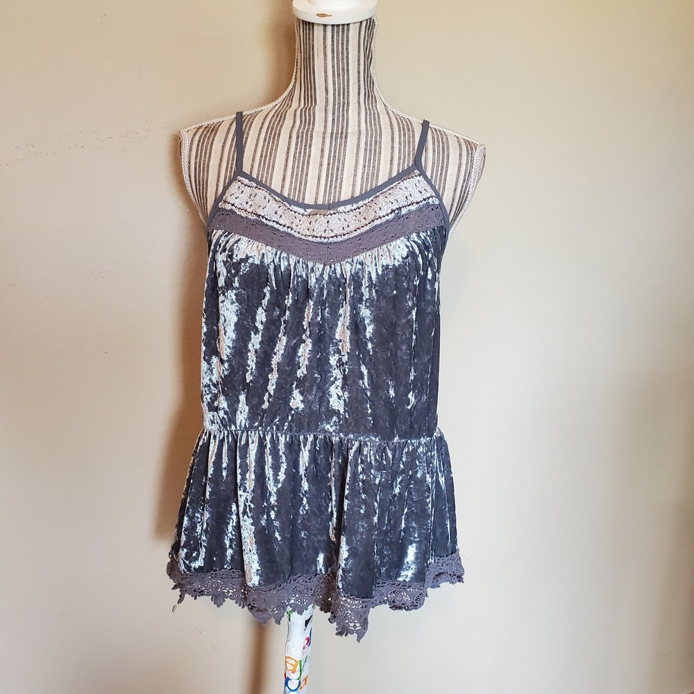 Weavers Womens Blue Grey Crushed Velvet Lace Peplum Camisole Top Embroidery L